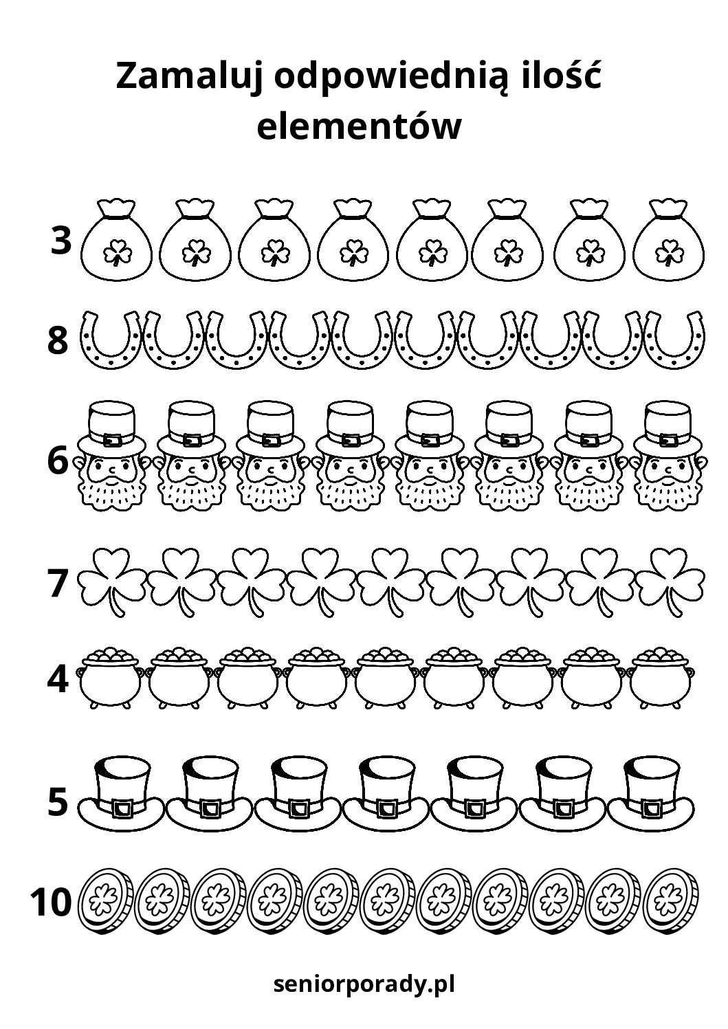 Karta pracy matematyka liczenie elementów do 10 i kolorowanie dzień świętego patryka darmowe zadania
