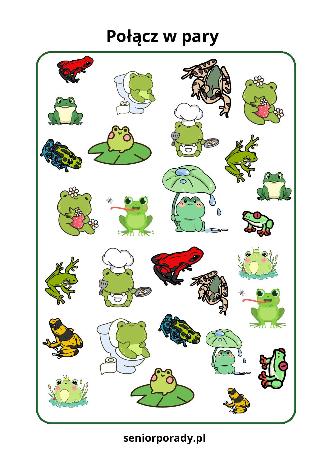 Karta pracy ćwiczenie na spostrzegawczość połącz w pary zielone żaby darmowe materiały do wydruku