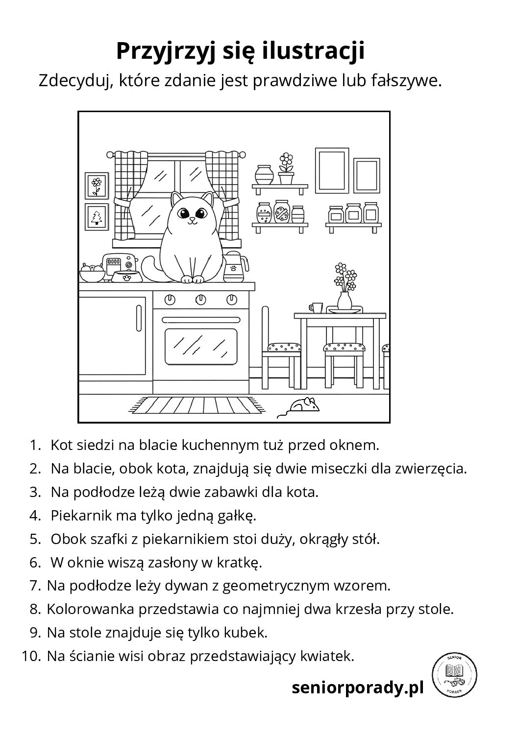 Karta pracy edukacyjna: czytanie ze zrozumieniem i analiza obrazka. Zadanie polega na ocenie zdań o przytulnej kuchni z kotem jako prawda lub fałsz.