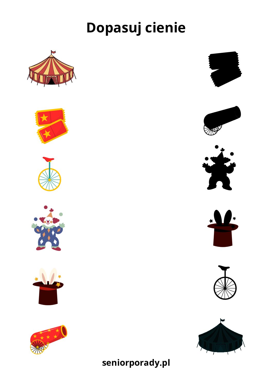 Darmowe karty pracy dopasuj cienie motyw cyrk namiot klaun pdf do druku. Ćwiczenie percepcji wzrokowej do druku.