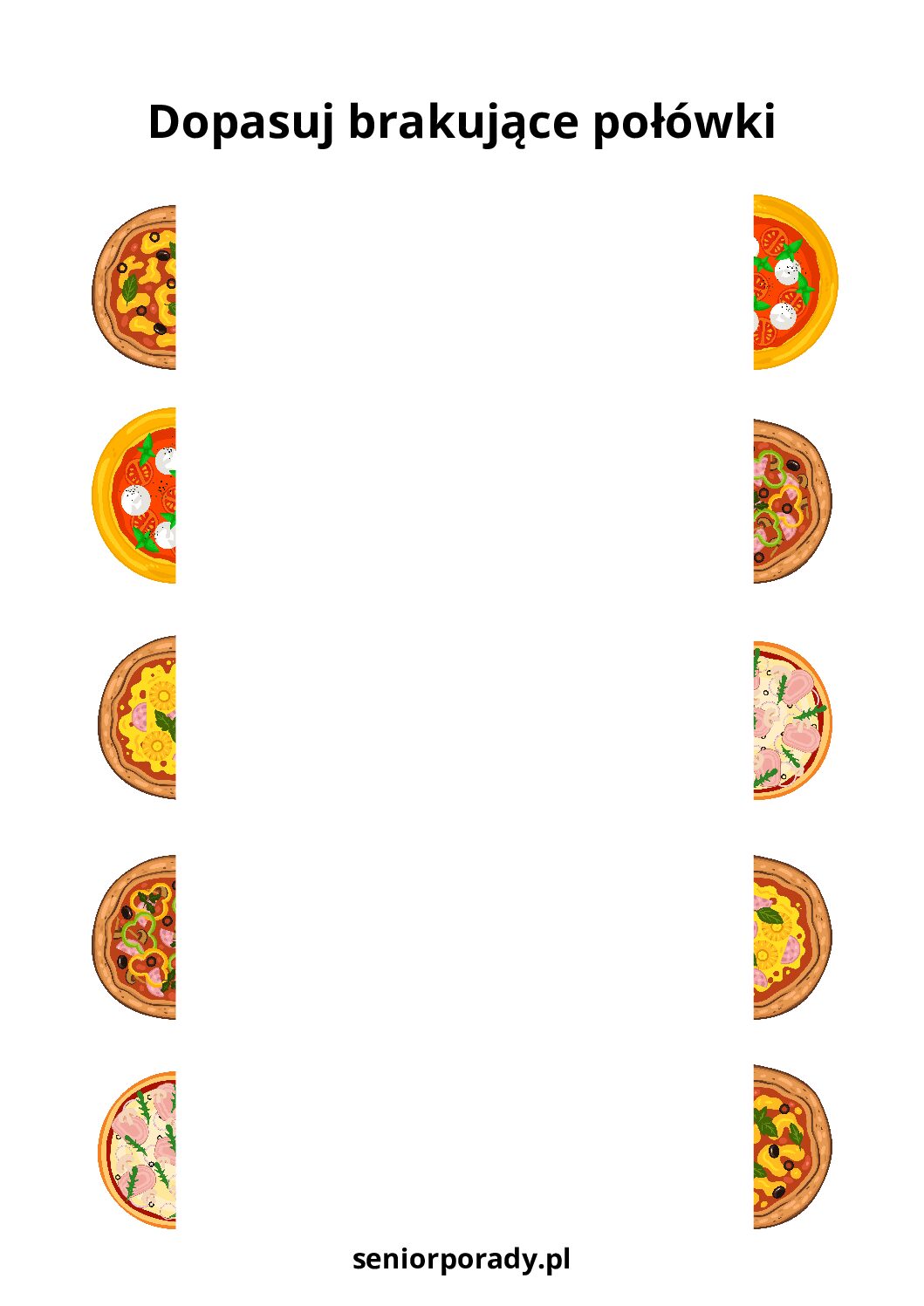 Karta pracy logiczna "Dopasuj brakujące połówki". Zadanie polega na połączeniu w pary pasujących kawałków pizzy. Materiał do terapii zajęciowej.