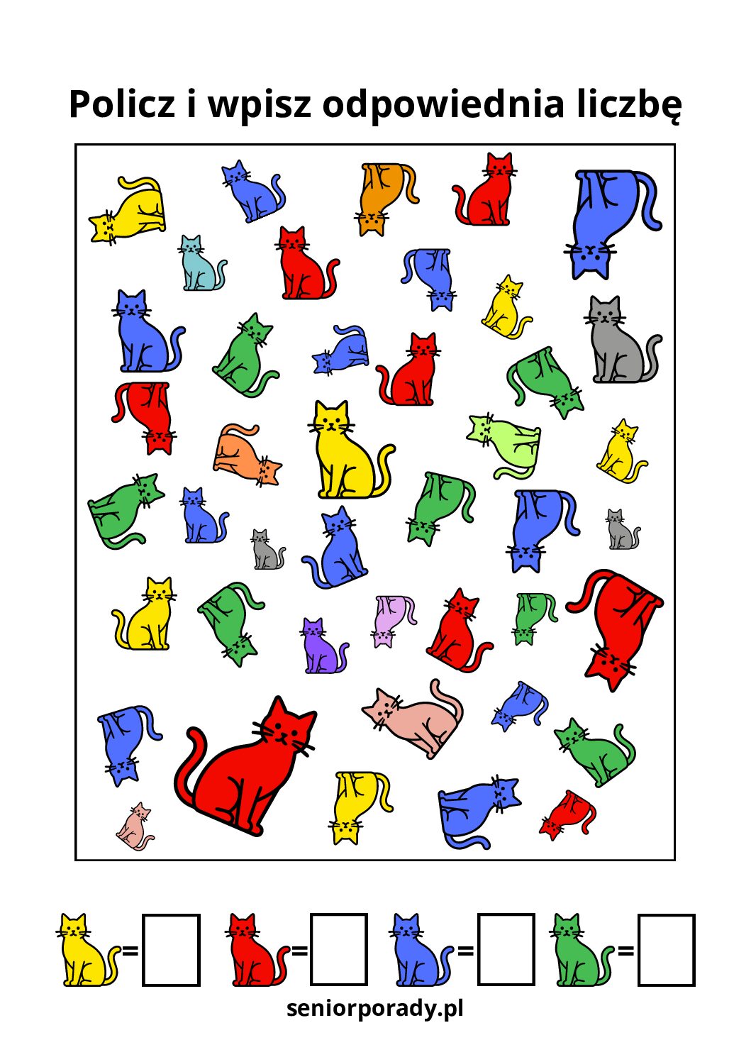Karta pracy edukacyjna "Policz i wpisz". Plansza pełna kolorowych sylwetek kotów (niebieskie, czerwone, żółte, zielone), które należy policzyć i wpisać wynik w kratki.