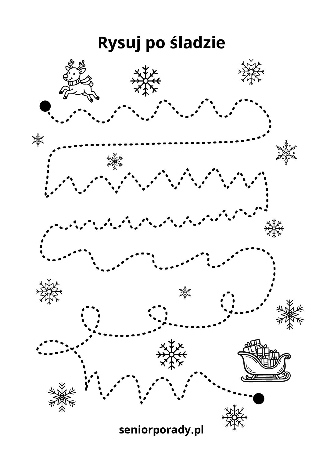 Rysowanie po śladzie dla dzieci: pomóż reniferowi dotrzeć do sań z prezentami
