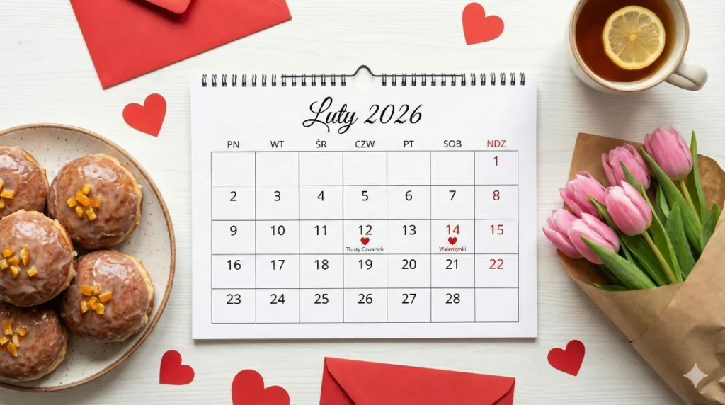 Kalendarz na luty 2026 leżący na drewnianym stole w otoczeniu lukrowanych pączków i bukietu tulipanów. Ilustracja świąt w lutym: Tłusty Czwartek i Walentynki.