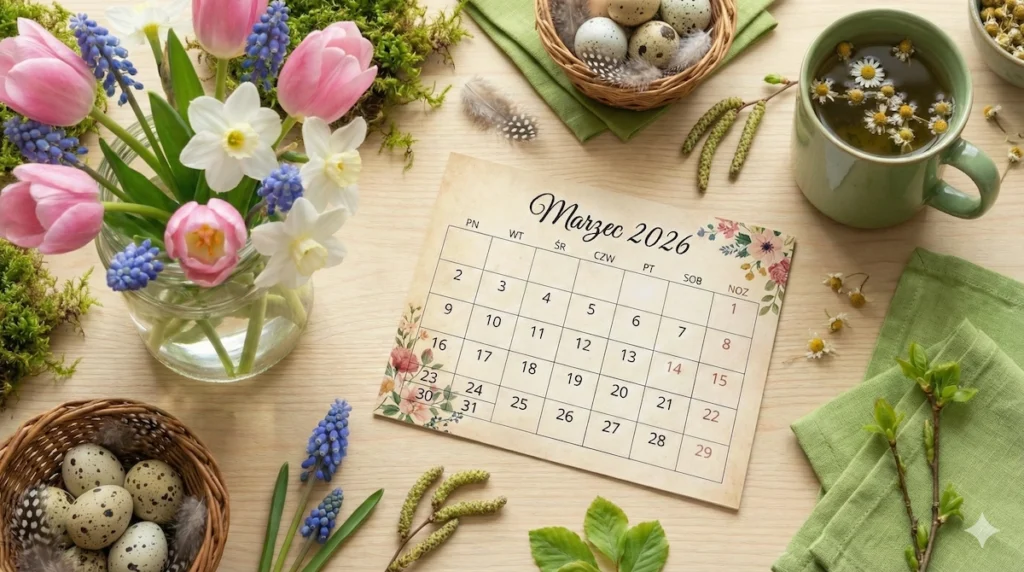 Wiosenny kalendarz na marzec 2026 roku leżący na stole w otoczeniu kwiatów. Zestawienie świąt nietypowych i darmowych kart pracy pdf dla seniorów i dzieci.