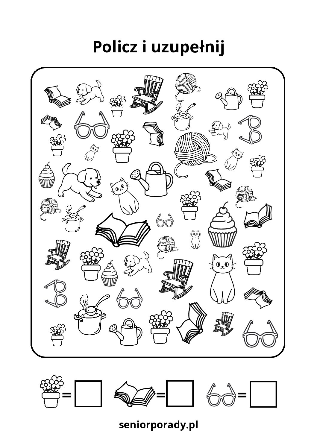 Karta pracy typu "szukaj i licz" na Dzień Babci. Obrazek wypełniony przedmiotami (okulary, książki, koty, kwiatki). Zadanie polega na policzeniu wskazanych elementów i wpisaniu liczby.