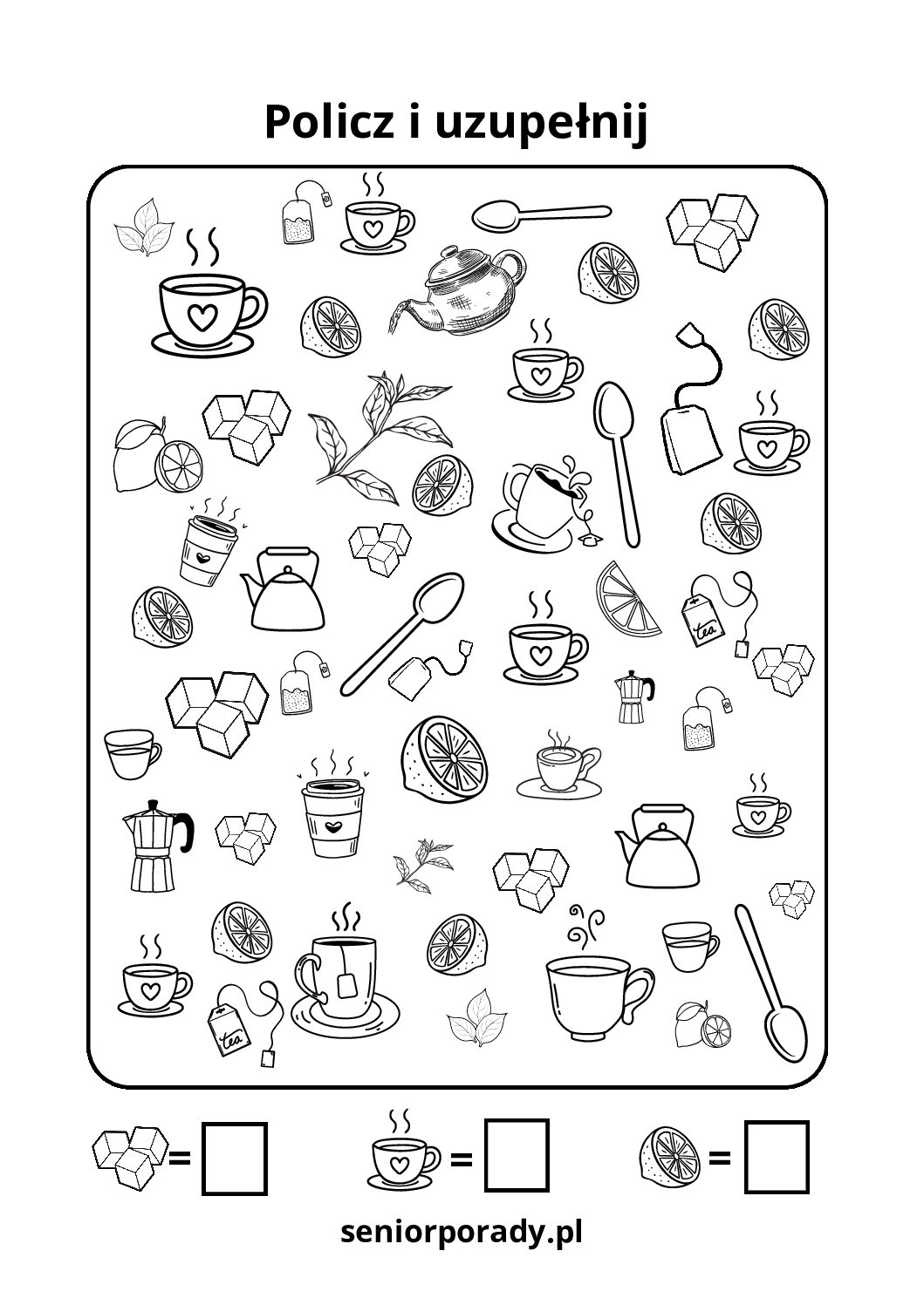 Karta pracy z zadaniami matematycznymi: liczenie torebek herbaty i filiżanek. Edukacyjne materiały do druku.