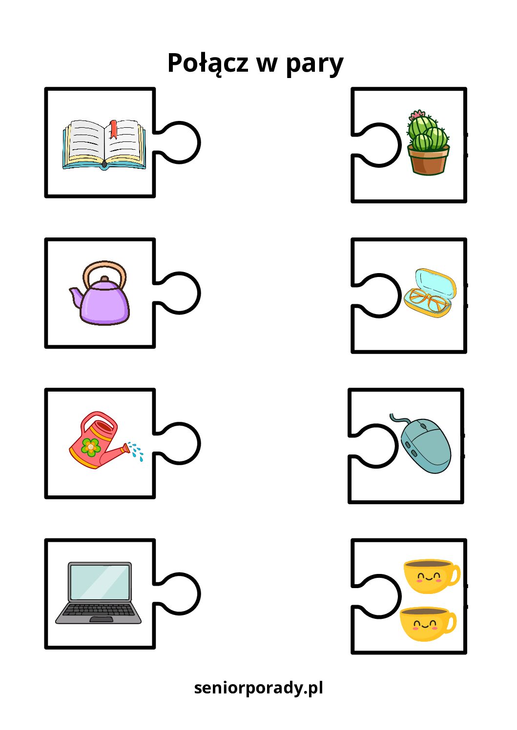 Zadanie na spostrzegawczość do druku. Należy połączyć linią dwa identyczne kształty puzzli.