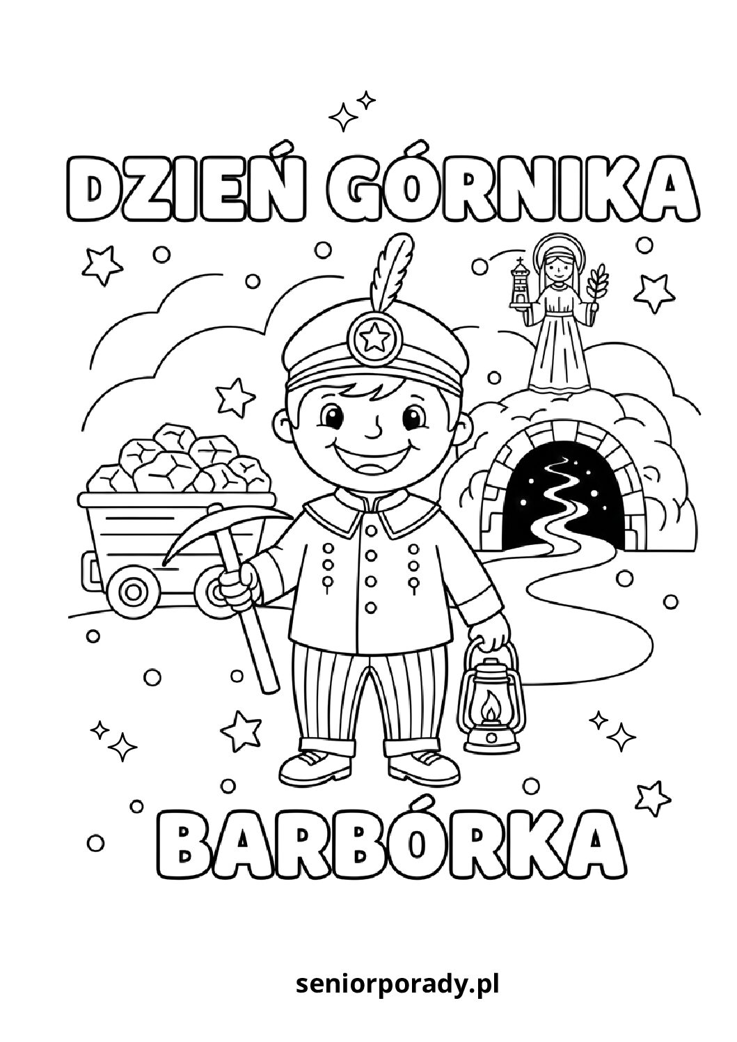 Radosny górnik przed wejściem do kopalni - tematyczna kolorowanka do druku na Dzień Górnika