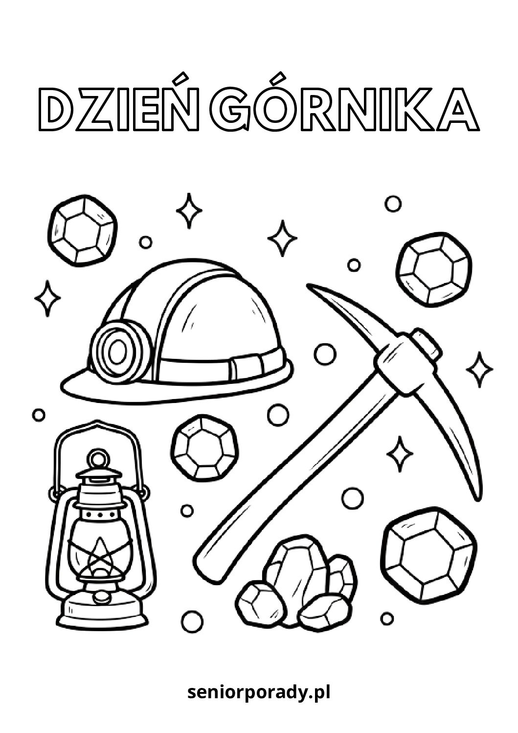 Kolorowanka na Dzień Górnika dla dzieci: hełm, kilof, lampa górnicza i skarby kopalni