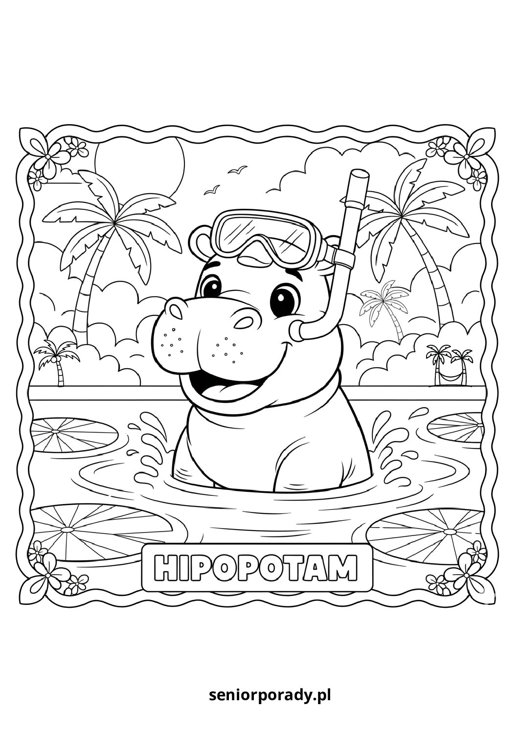 Szczegółowa kolorowanka do druku przedstawiająca uśmiechniętego hipopotama w masce do nurkowania w otoczeniu palm.