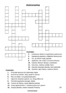 Plansza z krzyżówką o tematyce astronomicznej i kosmicznej. Element darmowego dema e-booka dla seniorów z hasłami do rozwiązania.