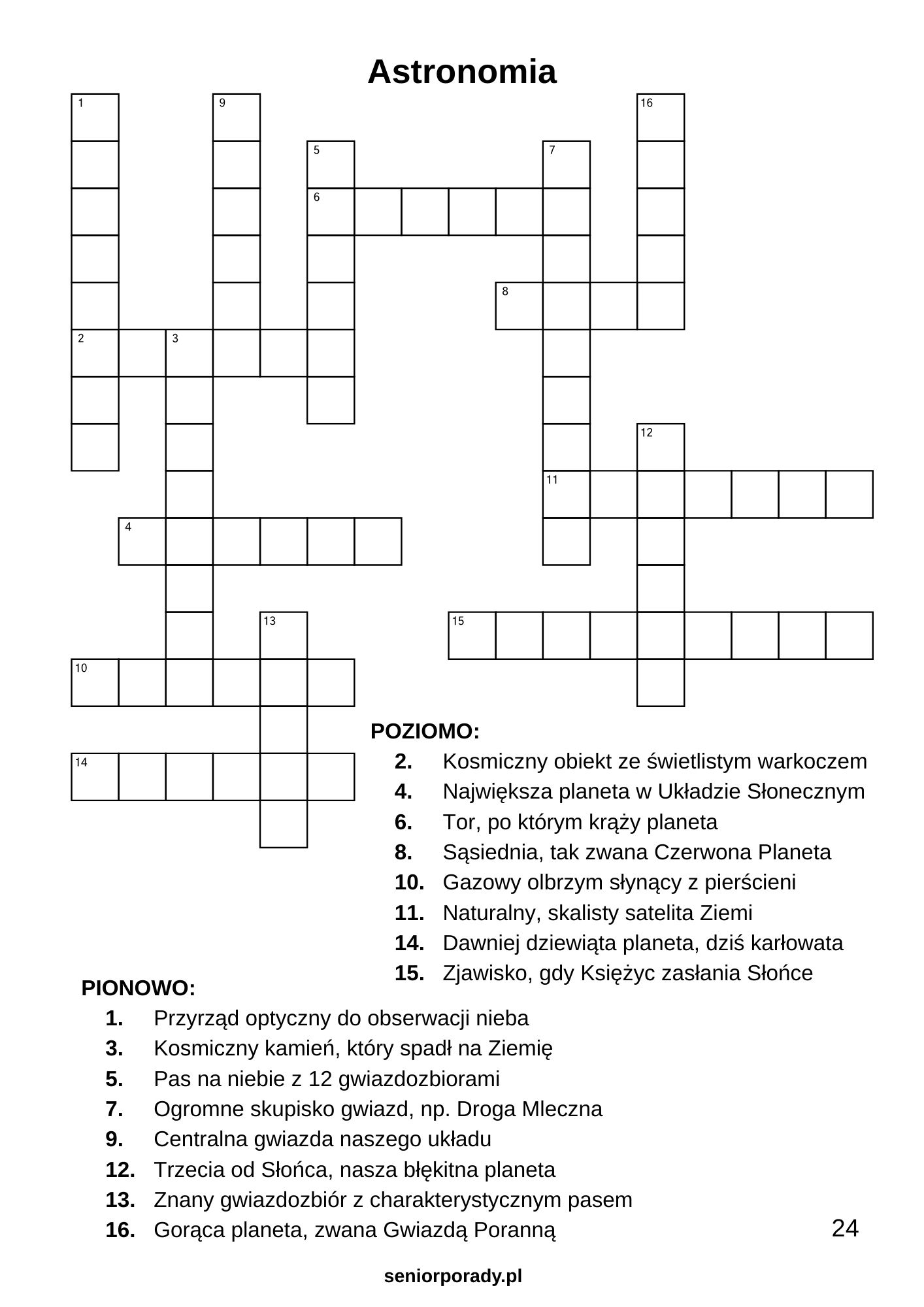 Plansza z krzyżówką o tematyce astronomicznej i kosmicznej. Element darmowego dema e-booka dla seniorów z hasłami do rozwiązania.