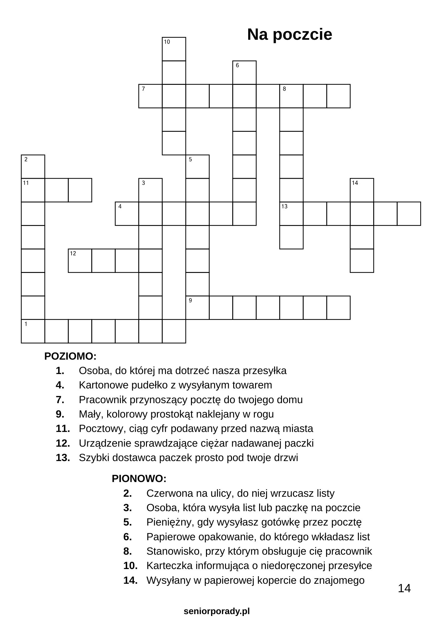 Przykładowa krzyżówka tematyczna dla seniorów pod tytułem Na poczcie. Darmowa łamigłówka z dużym drukiem, gotowa do rozwiązania w domu.