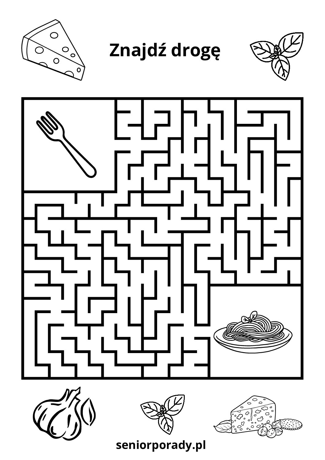 Labirynt dla dzieci z motywem spaghetti. Zadanie logiczne polegające na odnalezieniu drogi przez plątaninę nitek makaronu.