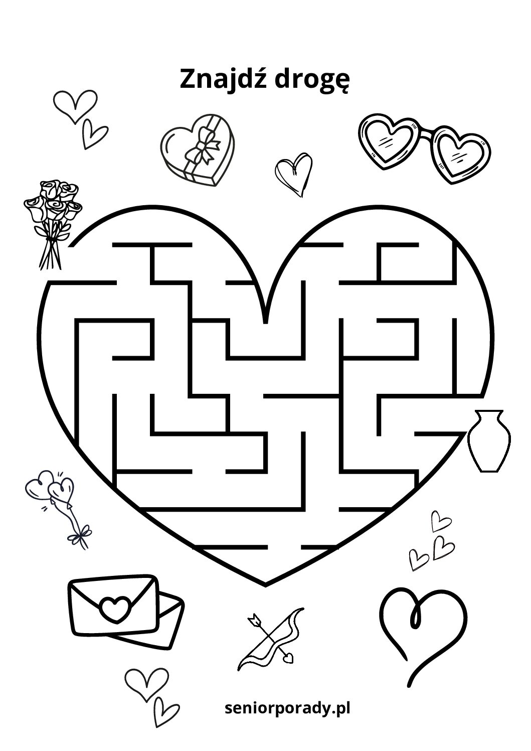 Łamigłówka typu labirynt w kształcie serca z motywami walentynkowymi (amorki, listy, róże). Zadanie polega na znalezieniu przejścia.