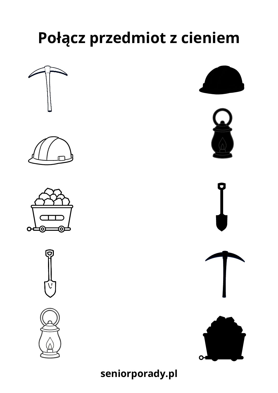 Zadanie na spostrzegawczość: połącz górnicze narzędzia z ich cieniem - karta pracy do druku