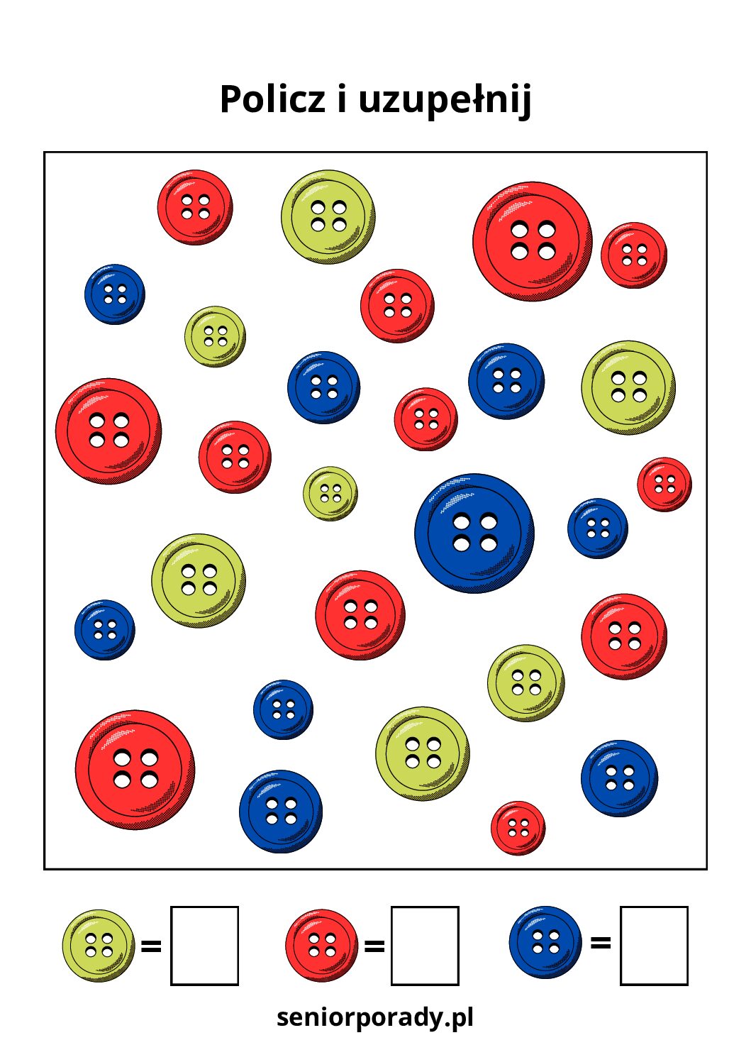 Karta pracy matematyczna: policz kolorowe guziki i wpisz wynik