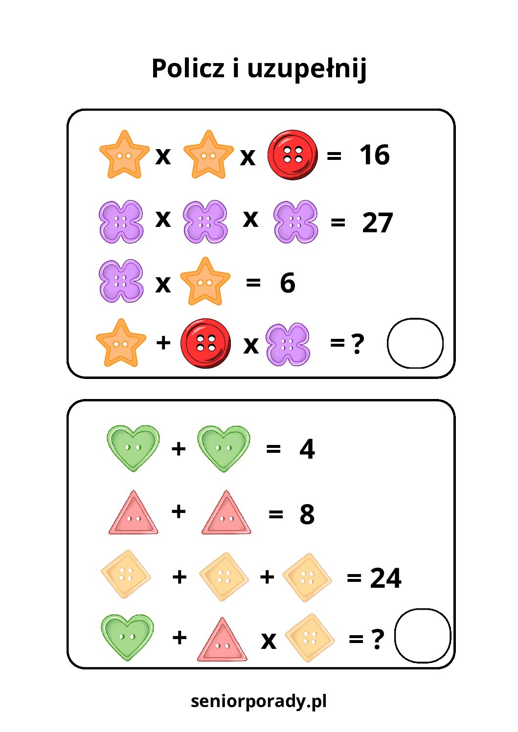 Zagadka logiczna z guzikami: rozwiąż równanie obrazkowe i znajdź wynik