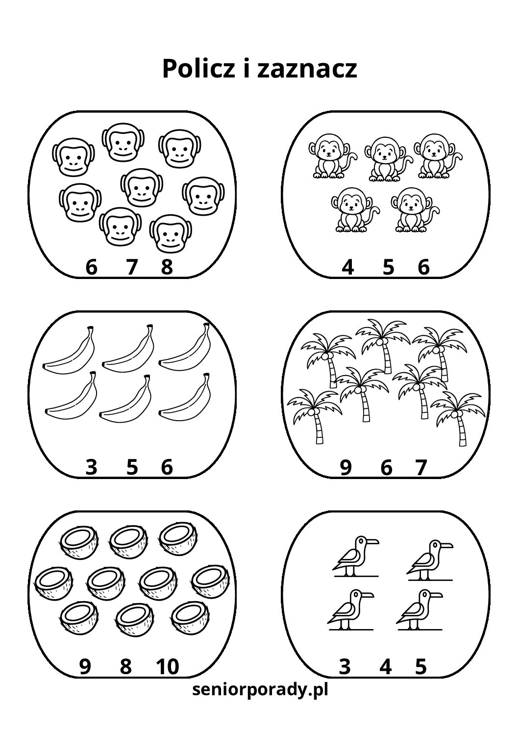 Zadanie matematyczne dla przedszkolaka: policz małpki i banany, zaznacz prawidłową cyfrę