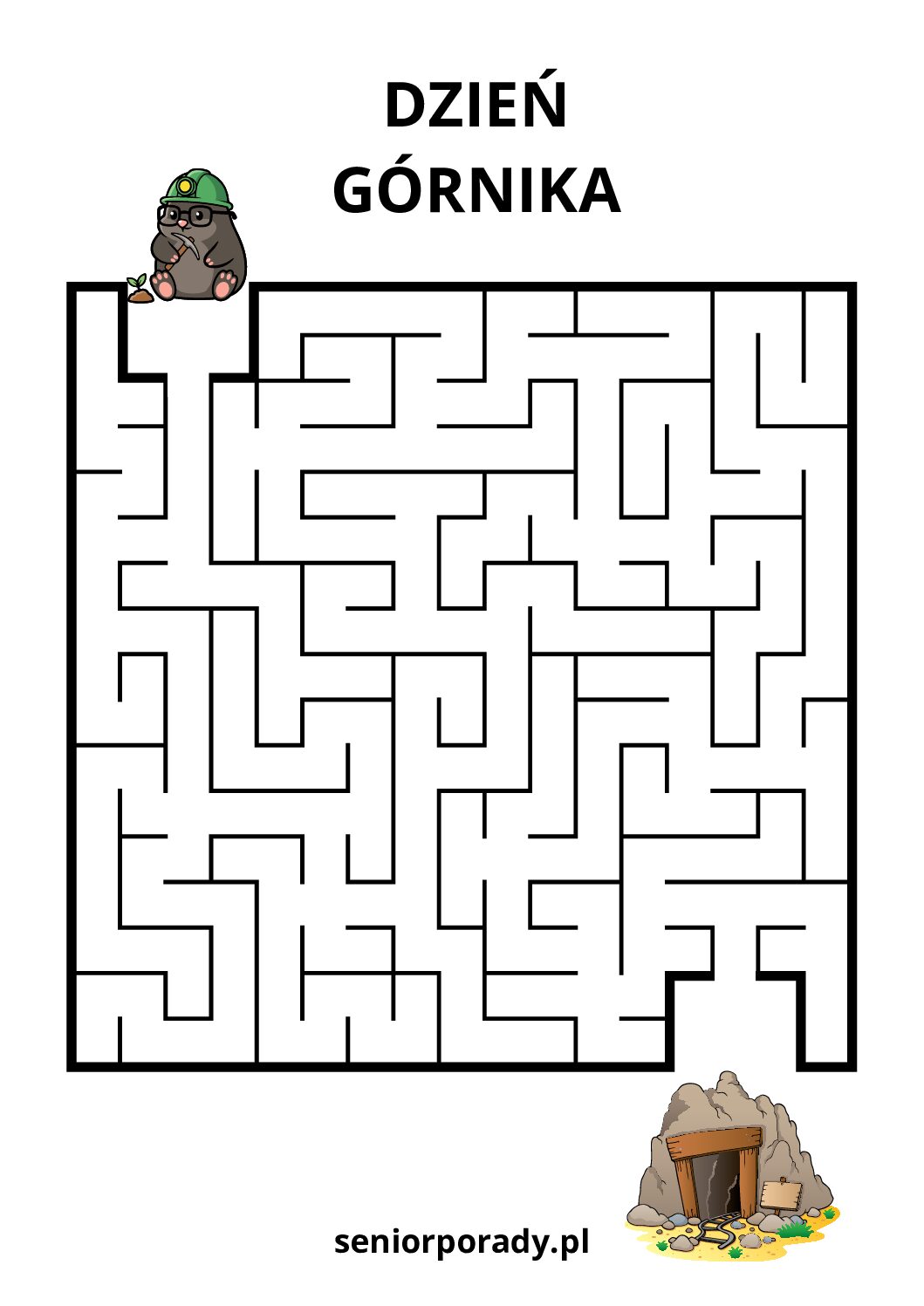 Labirynt dla dzieci na Dzień Górnika: poprowadź górnika bezpieczną drogą do wejścia do kopalni