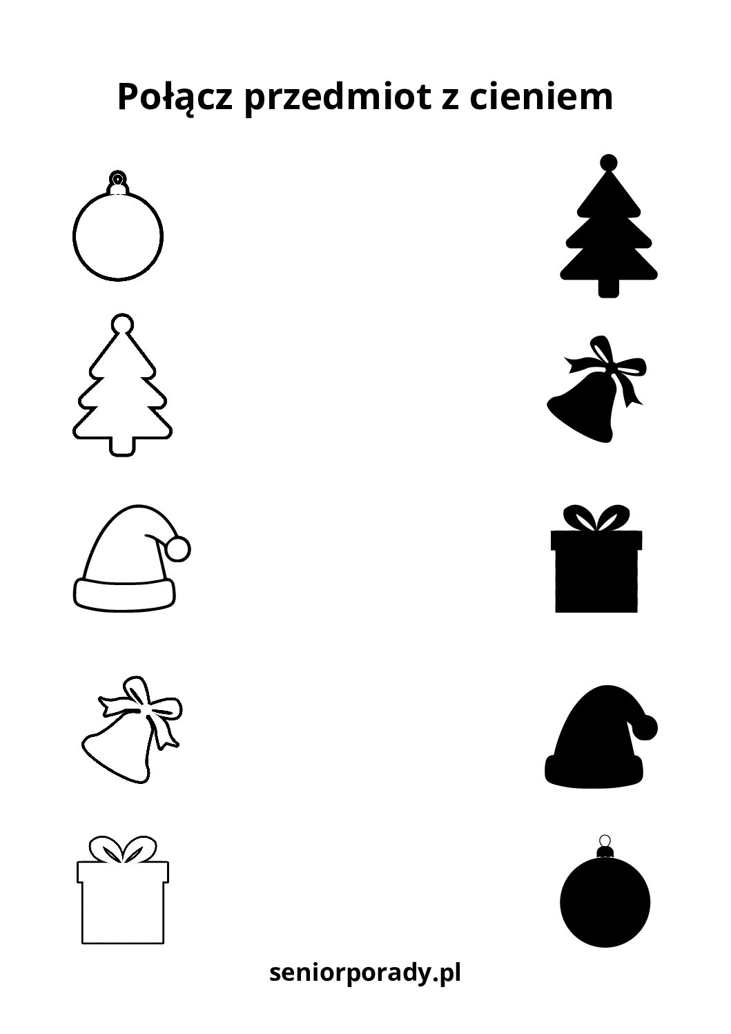 Karta pracy na spostrzegawczość: połącz świąteczne przedmioty z ich cieniem