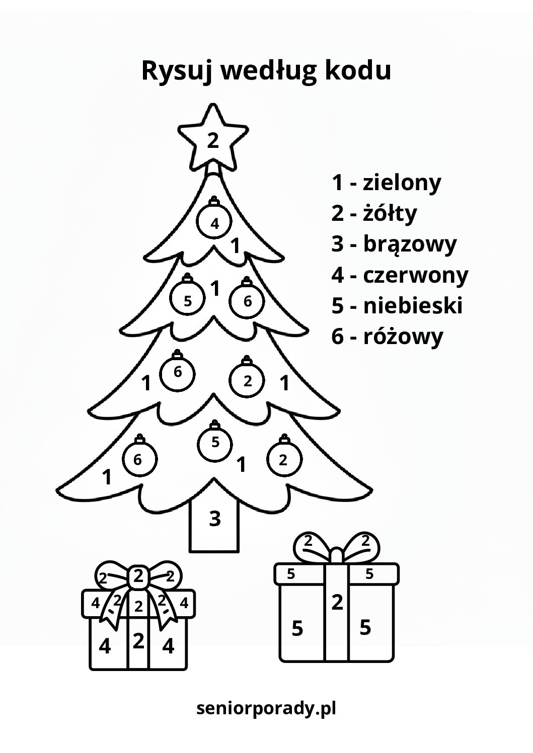 Zadanie logiczne dla dzieci: świąteczna choinka do kolorowania według numerów