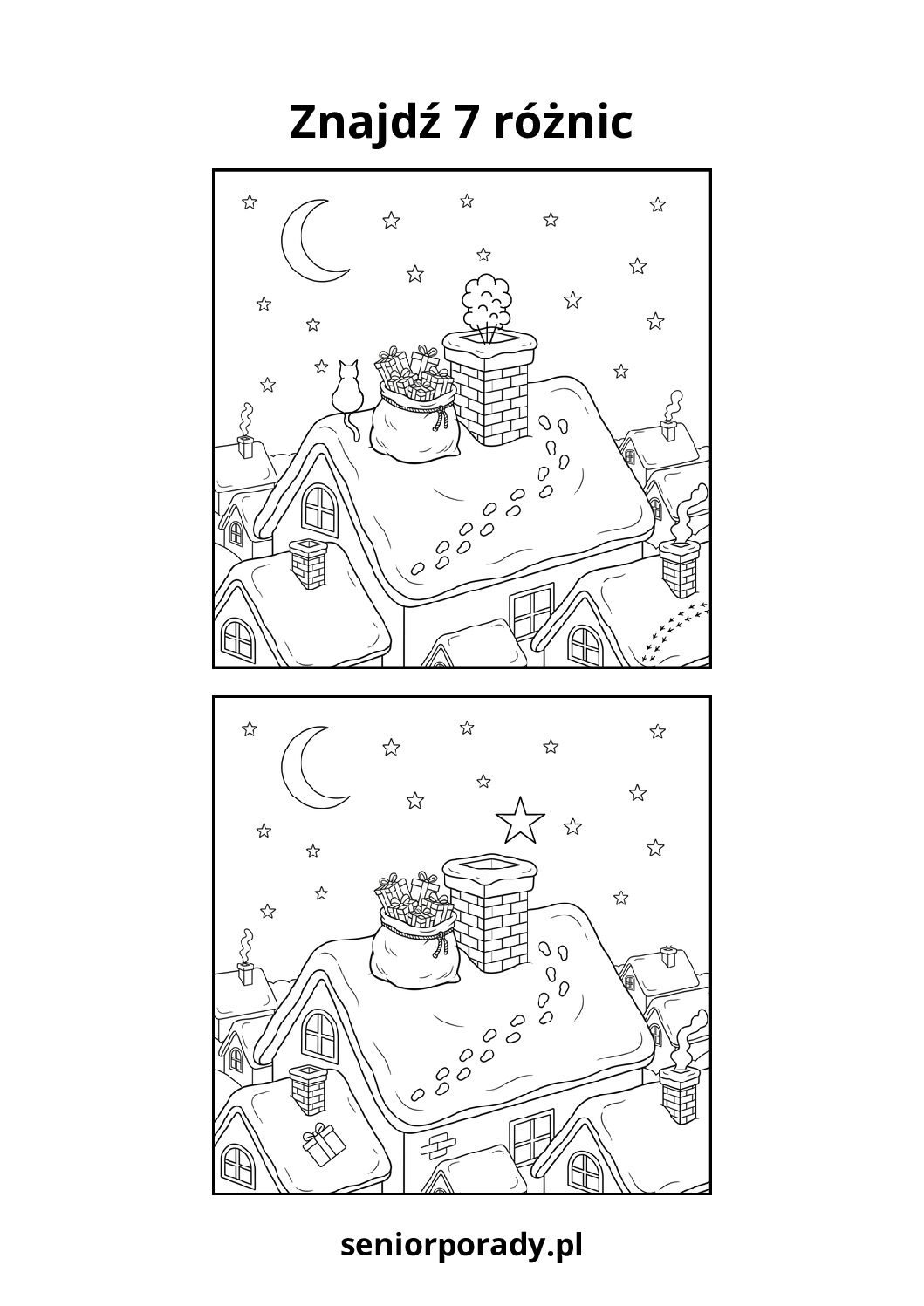 Zagadka na spostrzegawczość: znajdź 7 różnic na obrazku ze Świętym Mikołajem na dachu