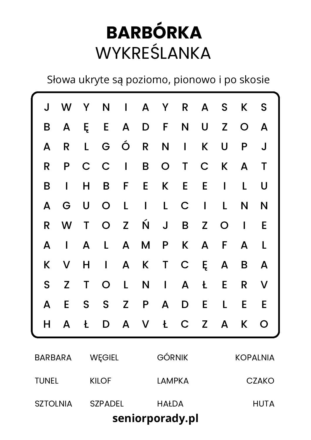Wykreślanka słowna na Barbórkę - łamigłówka z hasłami górniczymi do druku