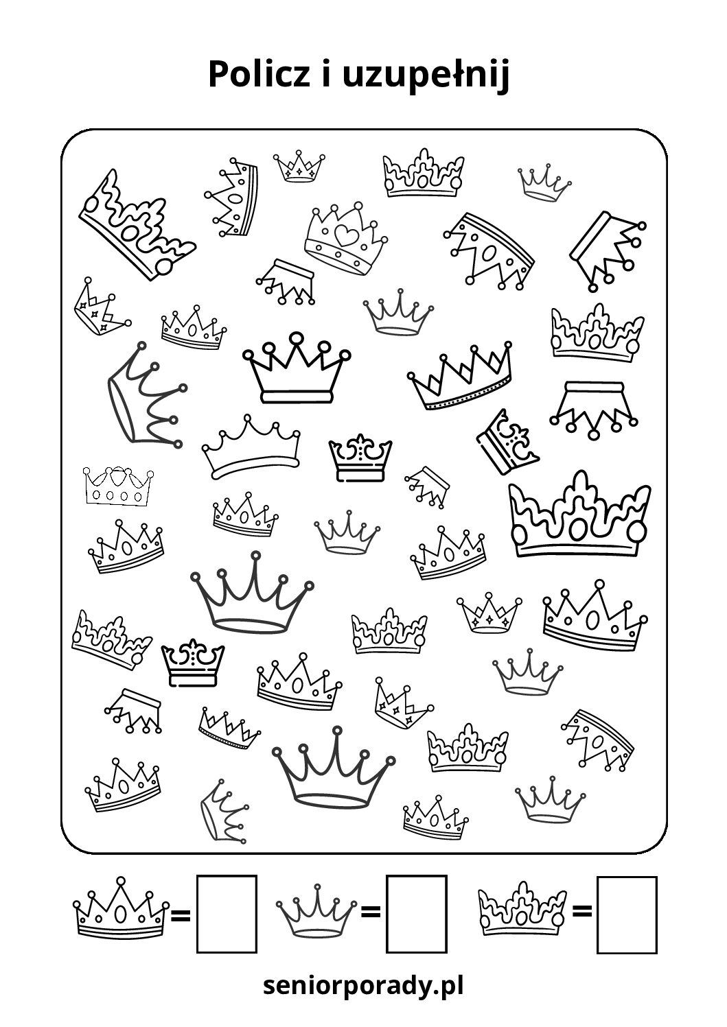 Karta pracy matematyczna dla dzieci na Trzech Króli. Liczenie elementów związanych z orszakiem: różnych rodzajów koron.