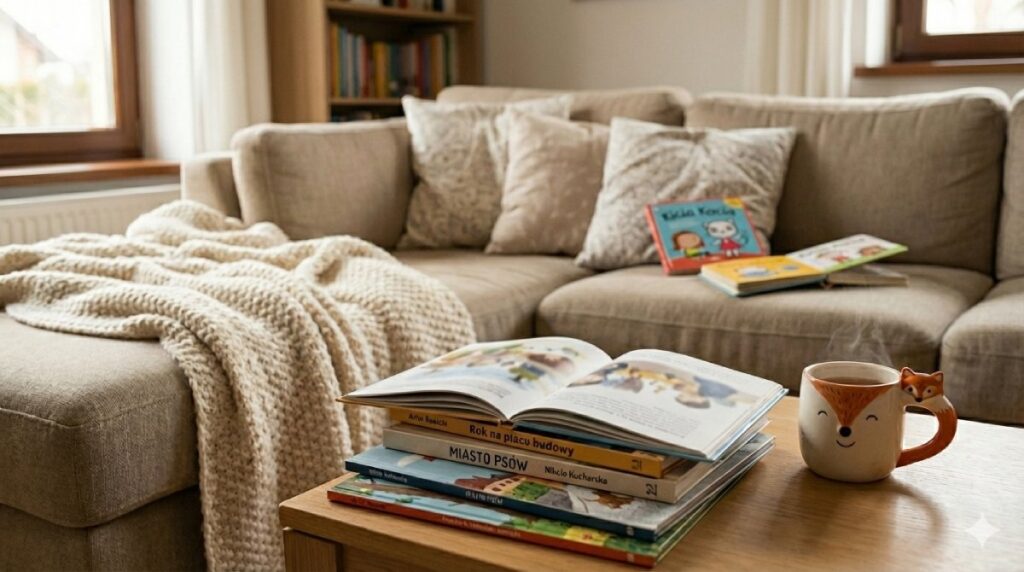 Stolik kawowy ze stosem książek na prezent i kubkiem gorącej herbaty. W tle przytulna kanapa z kocykiem, na której leżą kolejne książeczki dla dzieci (m.in. seria Kicia Kocia) – idealna sceneria do wspólnego czytania z wnukami.