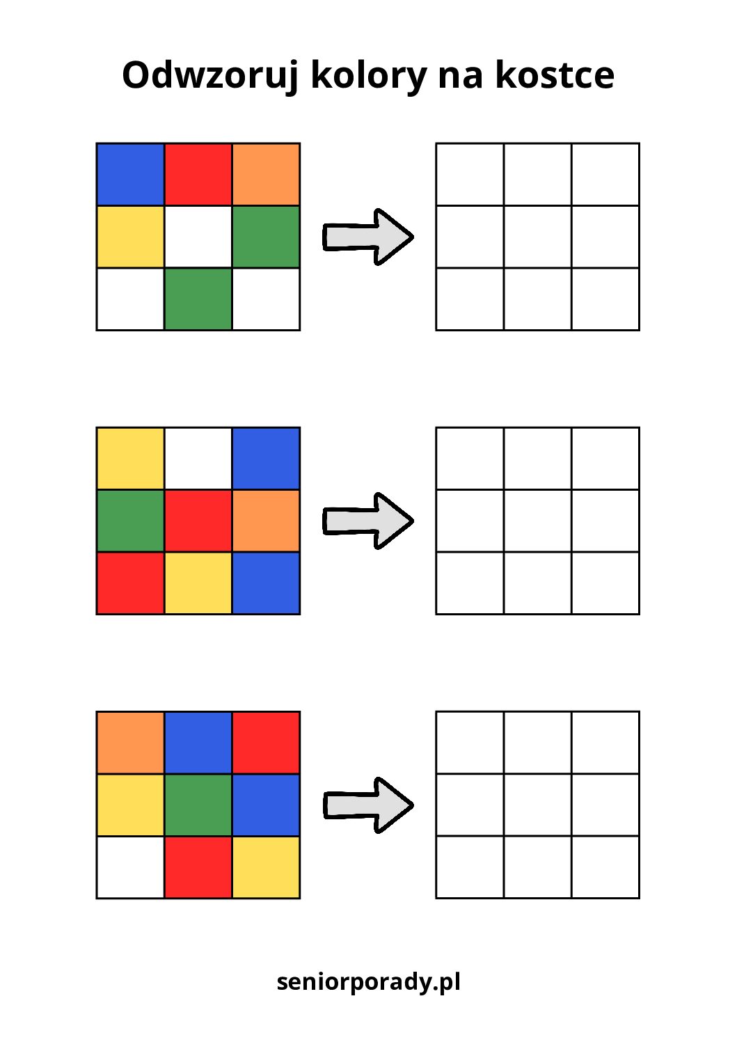 Ćwiczenie lewopółkulowe odwzoruj kolory na kostce rubika pusta siatka karta pracy pdf. Trening percepcji i pamięci.