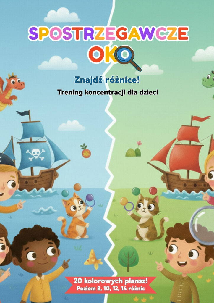 Kolorowa okładka e-booka "Spostrzegawcze Oko". Ilustracja podzielona na dwie części (niebieską i zieloną) przedstawiająca dzieci, piratów, smoka i kota. Napis: 20 kolorowych plansz, poziom 8, 10, 12, 14 różnic.