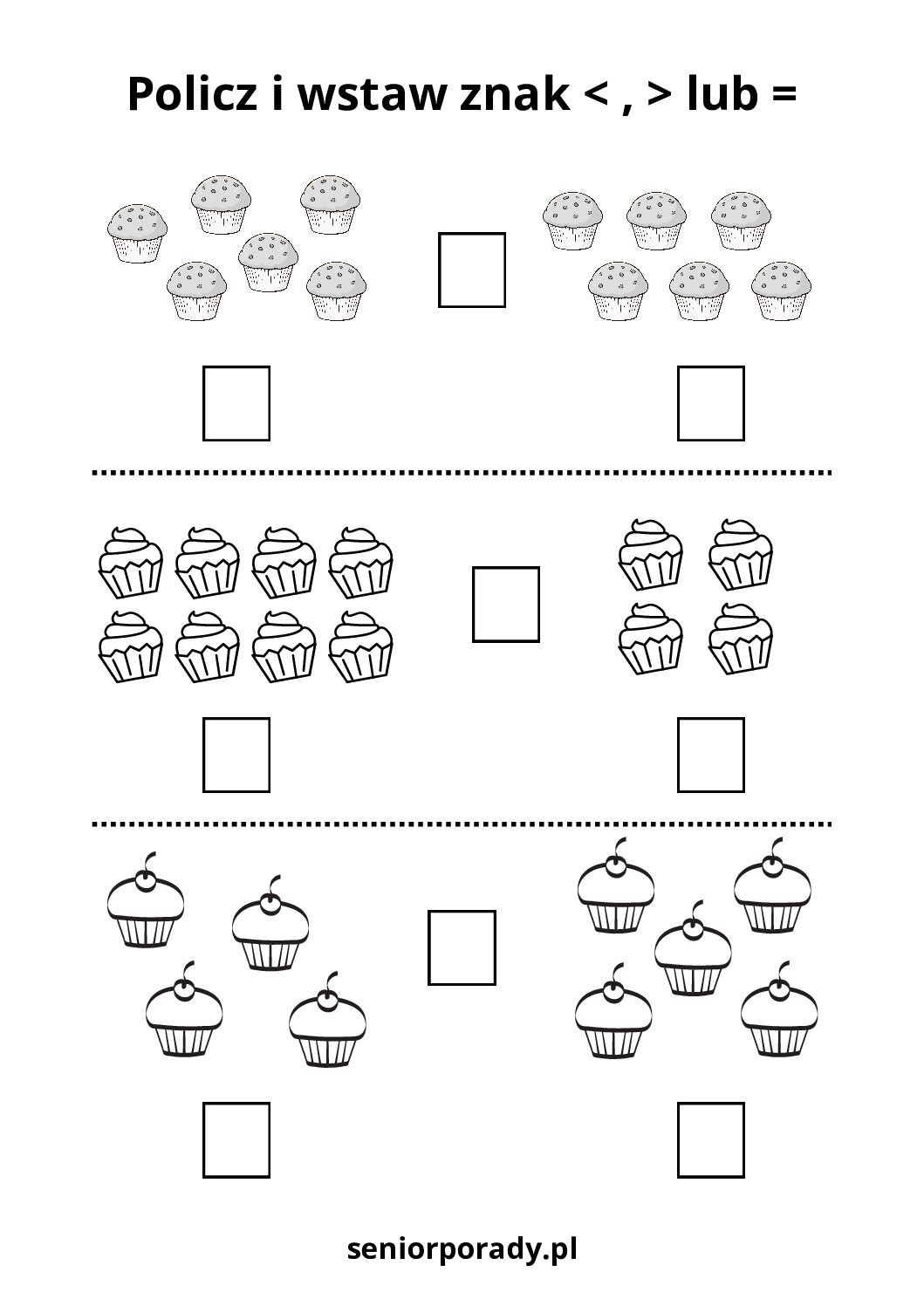 Ćwiczenia matematyczne porównywanie zbiorów z babeczkami darmowy pdf edukacyjny