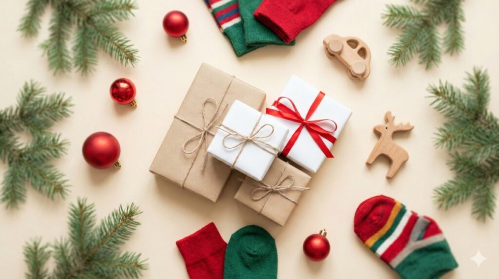 Zestaw prezentów na Mikołajki dla dzieci: gry planszowe, klocki i gadżety na świątecznym stole