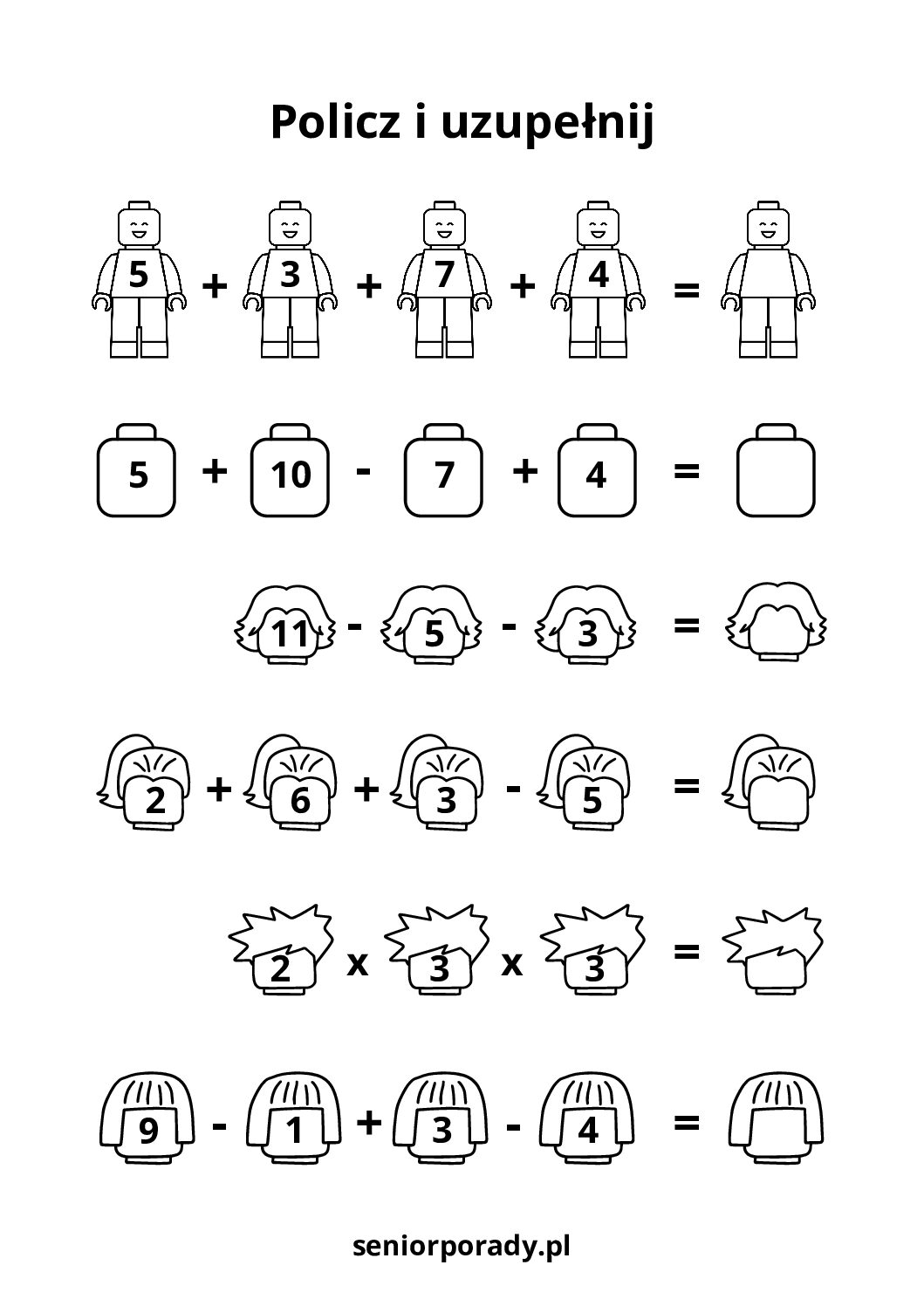 Proste działania matematyczne wpisane w klocki inspirowane LEGO do nauki liczenia (dodawanie, odejmowanie, mnożenie).