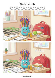 Zadanie "Znajdź różnice" – temat Biurko Ucznia. Dwa obrazki przedstawiające przybory szkolne, plecak, kanapkę i potworka na kredki. Łamigłówka edukacyjna.