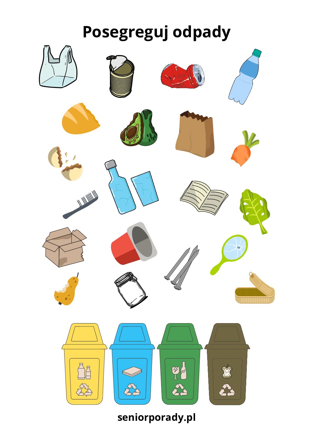 Karta pracy segregacja śmieci dla dzieci i seniorów posegreguj odpady do odpowiednich koszy darmowy pdf