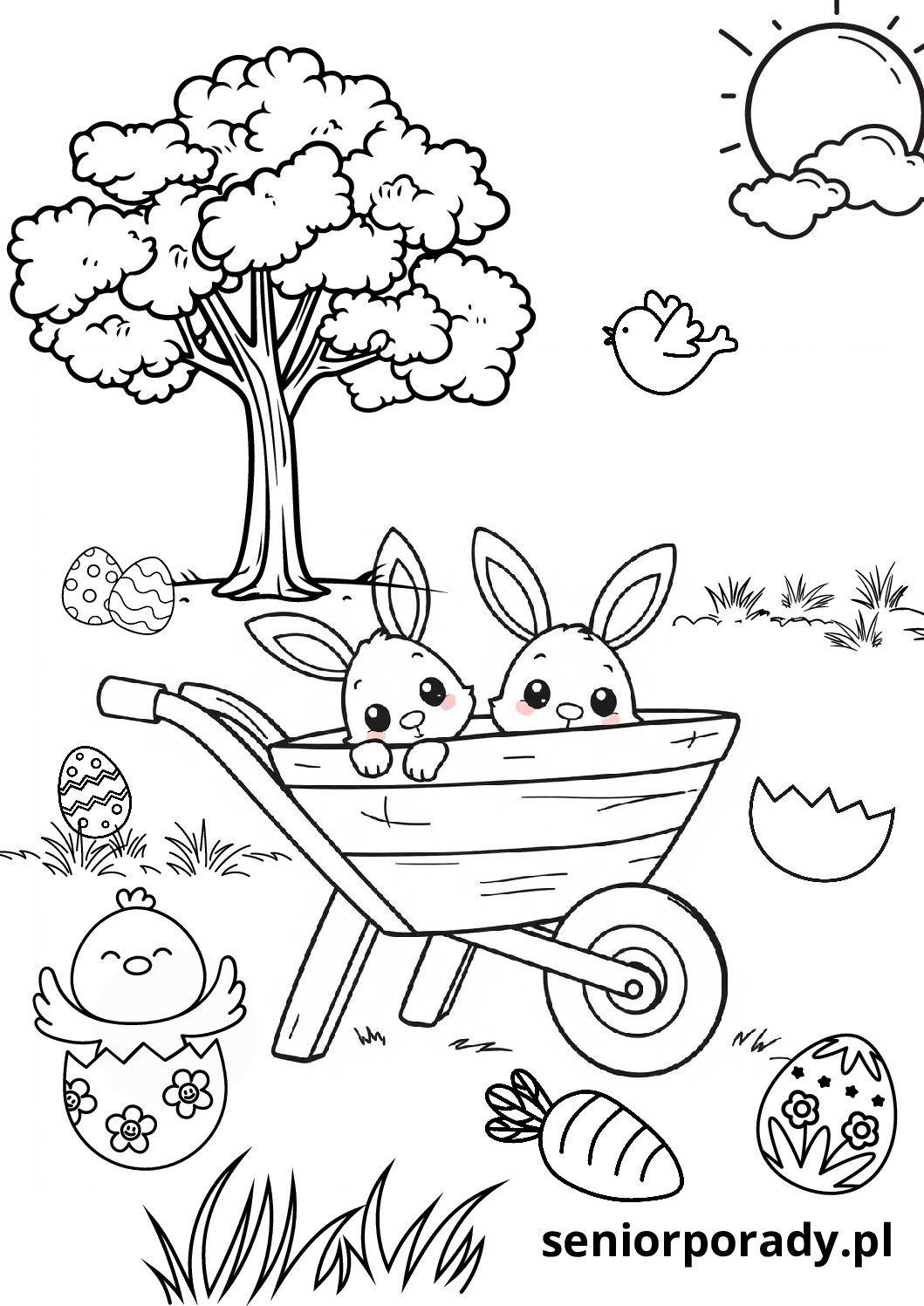 Kolorowanka na Wielkanoc – zajączek i taczki