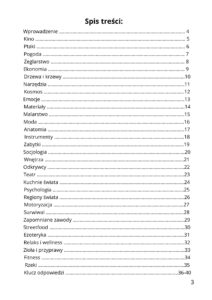 Pełny spis treści ebooka 31 Dni z Wykreślankami. Lista tematów wszystkich łamigłówek zawartych w pliku PDF, od tematów przyrodniczych po podróżnicze.