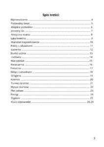 Lista tematów w książeczce: Podwodny świat, Jesienny las, Warsztat, Kosmos i inne. Na końcu widoczna informacja o Dyplomie i Kluczu odpowiedzi.