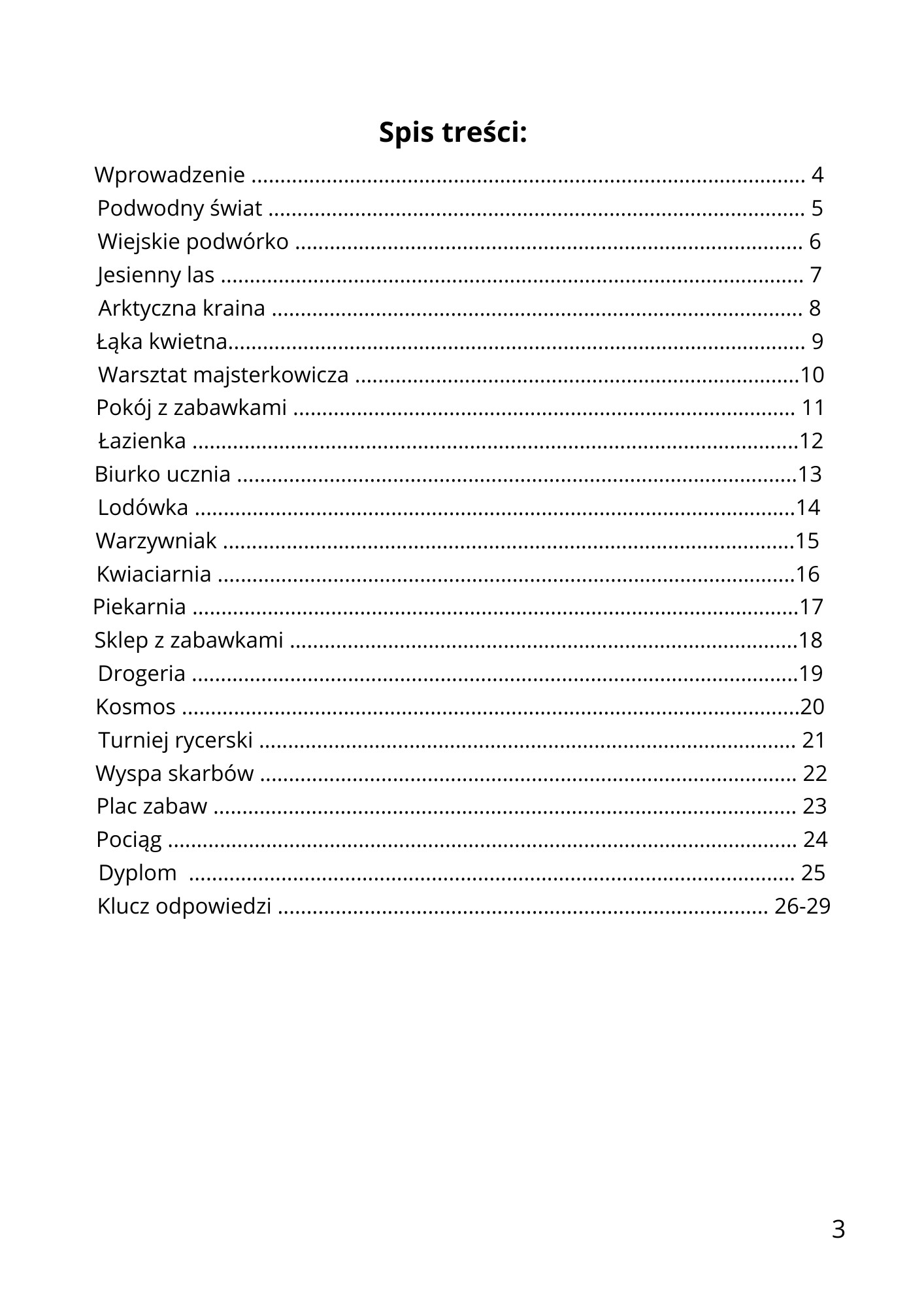 Lista tematów w książeczce: Podwodny świat, Jesienny las, Warsztat, Kosmos i inne. Na końcu widoczna informacja o Dyplomie i Kluczu odpowiedzi.