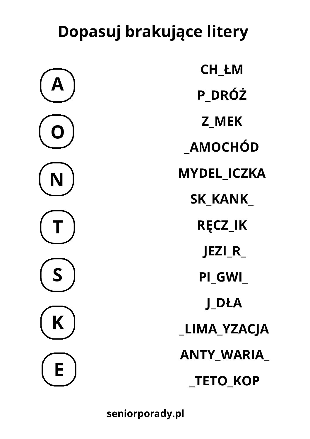Darmowa karta pracy dopasuj brakujące litery w wyrazach gra typu scrabble pdf dla seniora