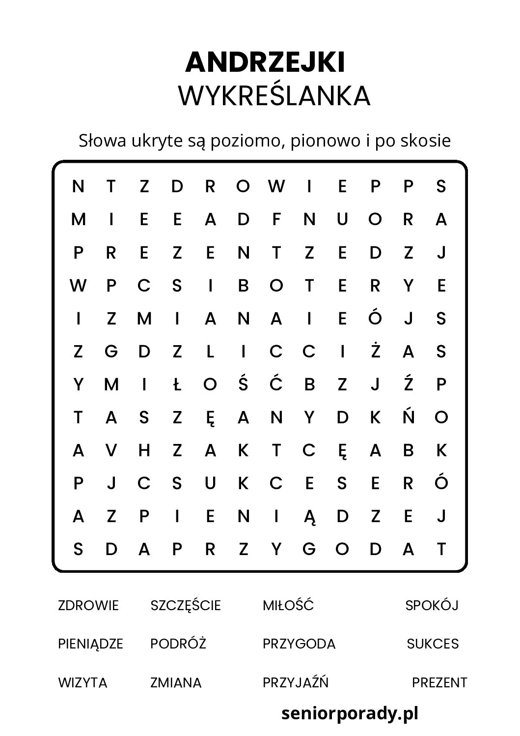 Łamigłówka wykreślanka – Andrzejki