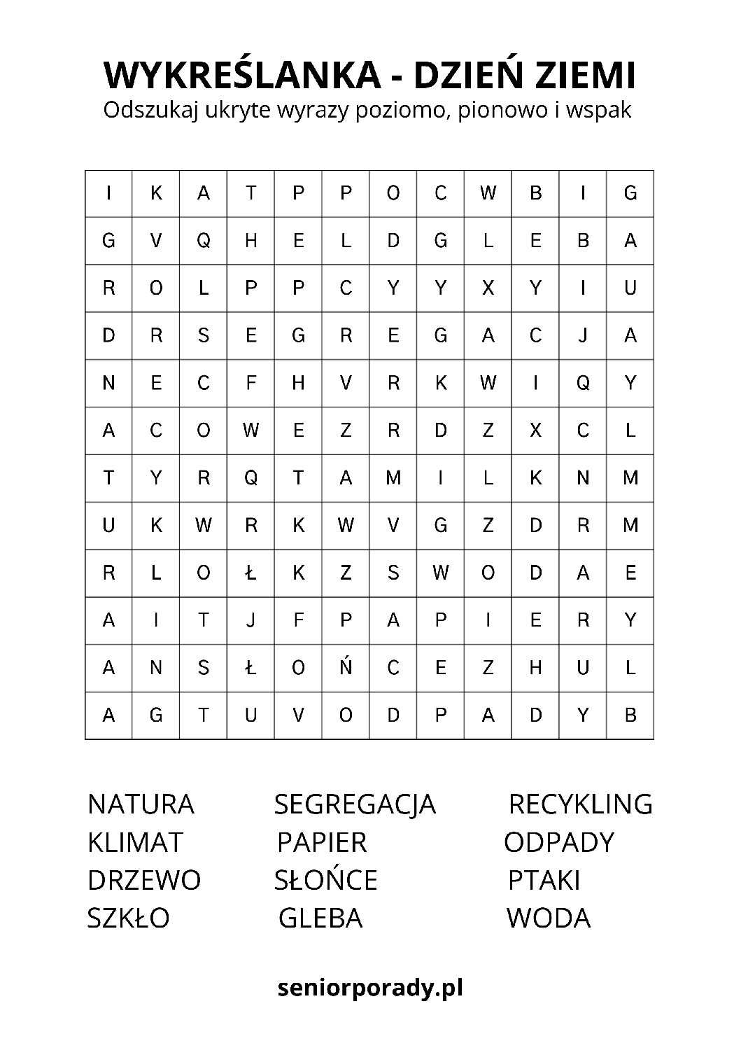 Darmowa wykreślanka słowna dzień ziemi recykling natura pdf do druku