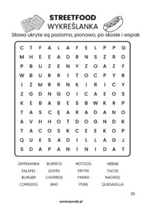 Wzór wykreślanki z ebooka o tematyce Street Food. Plansza z 16 hasłami kulinarnymi do znalezienia. Przejrzysty układ graficzny przyjazny dla oczu.