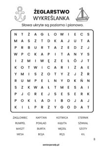 Podgląd zadania z ebooka SeniorPorady: Wykreślanka tematyczna Żeglarstwo. 16 terminów żeglarskich ukrytych w siatce liter. Ćwiczenie koncentracji i spostrzegawczości.