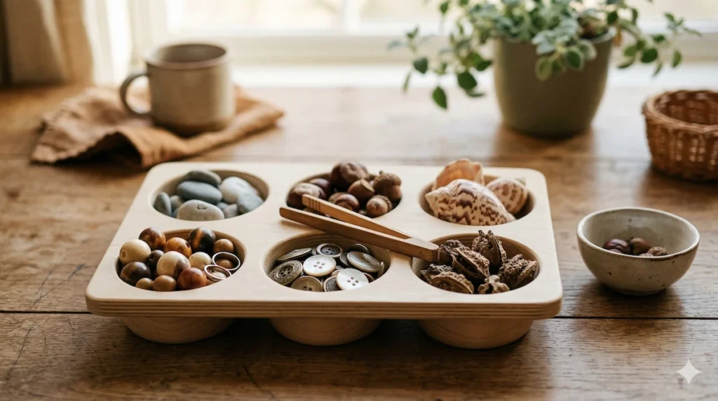 Drewniany sorter z przegródkami wypełniony naturalnymi skarbami: muszlami, kasztanami, guzikami i kamykami. Pomoce edukacyjne Montessori do zabawy w domu.