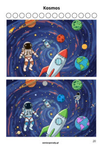 Kolorowa plansza z motywem kosmicznym. Astronauta, rakieta, satelita i planety na granatowym tle. Zadanie polega na znalezieniu różnic między obrazkami.