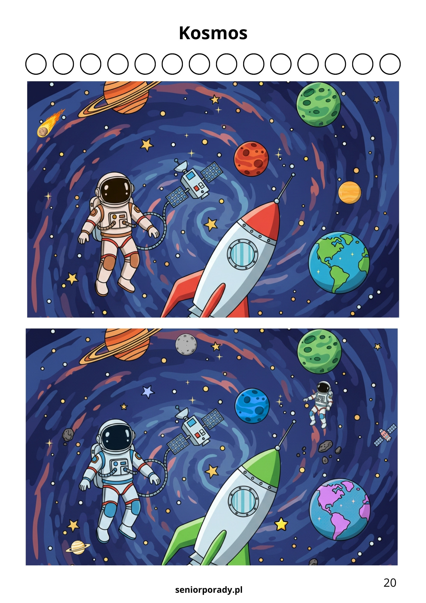 Kolorowa plansza z motywem kosmicznym. Astronauta, rakieta, satelita i planety na granatowym tle. Zadanie polega na znalezieniu różnic między obrazkami.